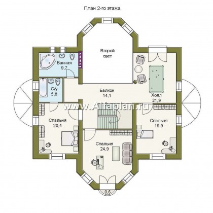 «Белта» - проект двухэтажного дома из газобетона, планировка со вторым светом в гостиной, с эркером и террасой - превью план дома