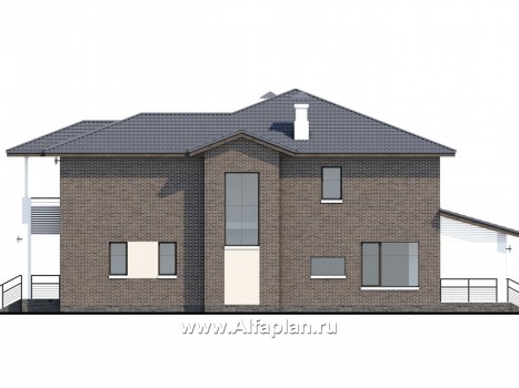 «Новый поворот» - красивый дом,  проект двухэтажного коттеджа с террасой, мастрер спальня, с гаражом - превью фасада дома