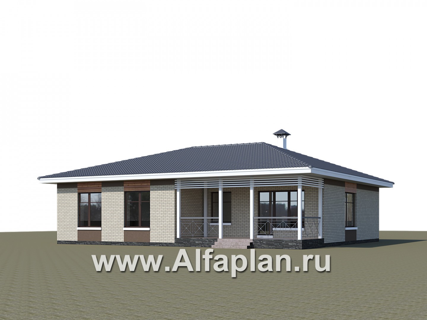 «Покровка» - красивый дом, проект одноэтажного коттеджа из газобетона, мастер спальня, с террасой и с навесом на 2 авто - дизайн дома №1