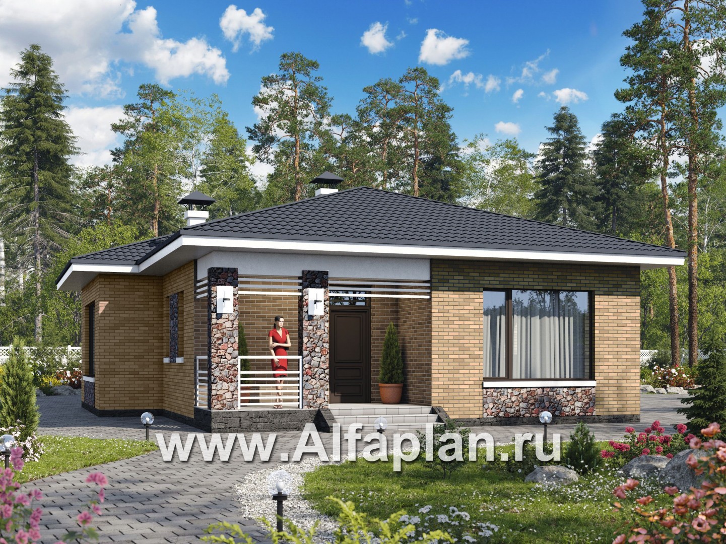 «Муза» - проект одноэтажного дома из кирпича, с  сауной и с террасой, в современном стиле - основное изображение