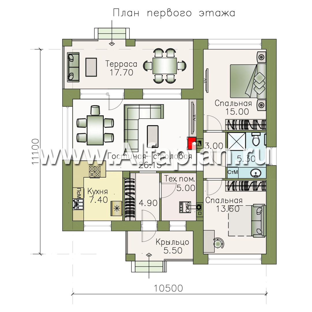 Проекты домов Альфаплан - «Онега» - проект одноэтажного дома с двумя спальнями - план проекта №1
