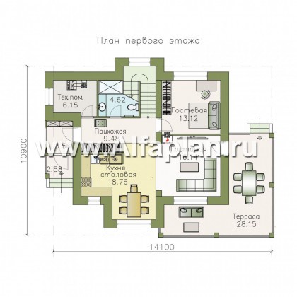 «Стимул» - проект двухэтажного дома с угловой террасой, планировка с кабинетом на 1 эт, в современном стиле - превью план дома