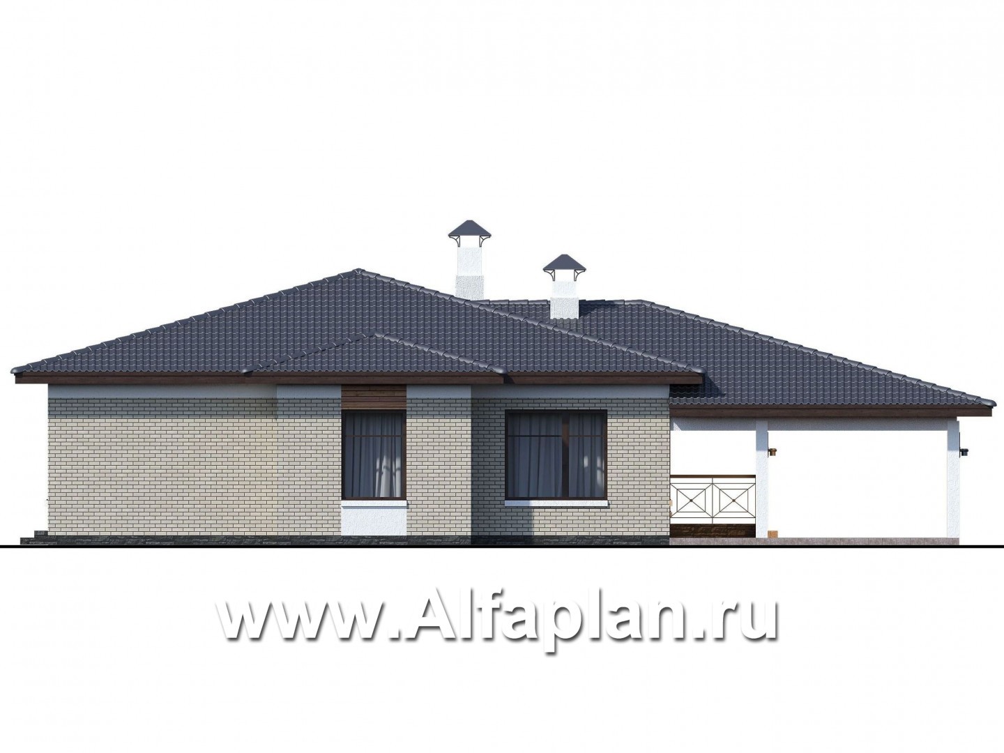 «Покровка» - красивый дом, проект одноэтажного коттеджа из газобетона, мастер спальня, с террасой и с навесом на 2 авто - фасад дома