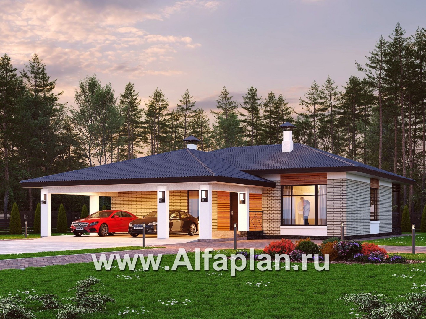 «Покровка» - красивый дом, проект одноэтажного коттеджа из газобетона, мастер спальня, с террасой и с навесом на 2 авто - основное изображение