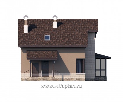 «Регата» - проект дома с мансардой, столовая со вторым светом, с террасой, гостиная со стороны террасы, мастер спальня - превью фасада дома