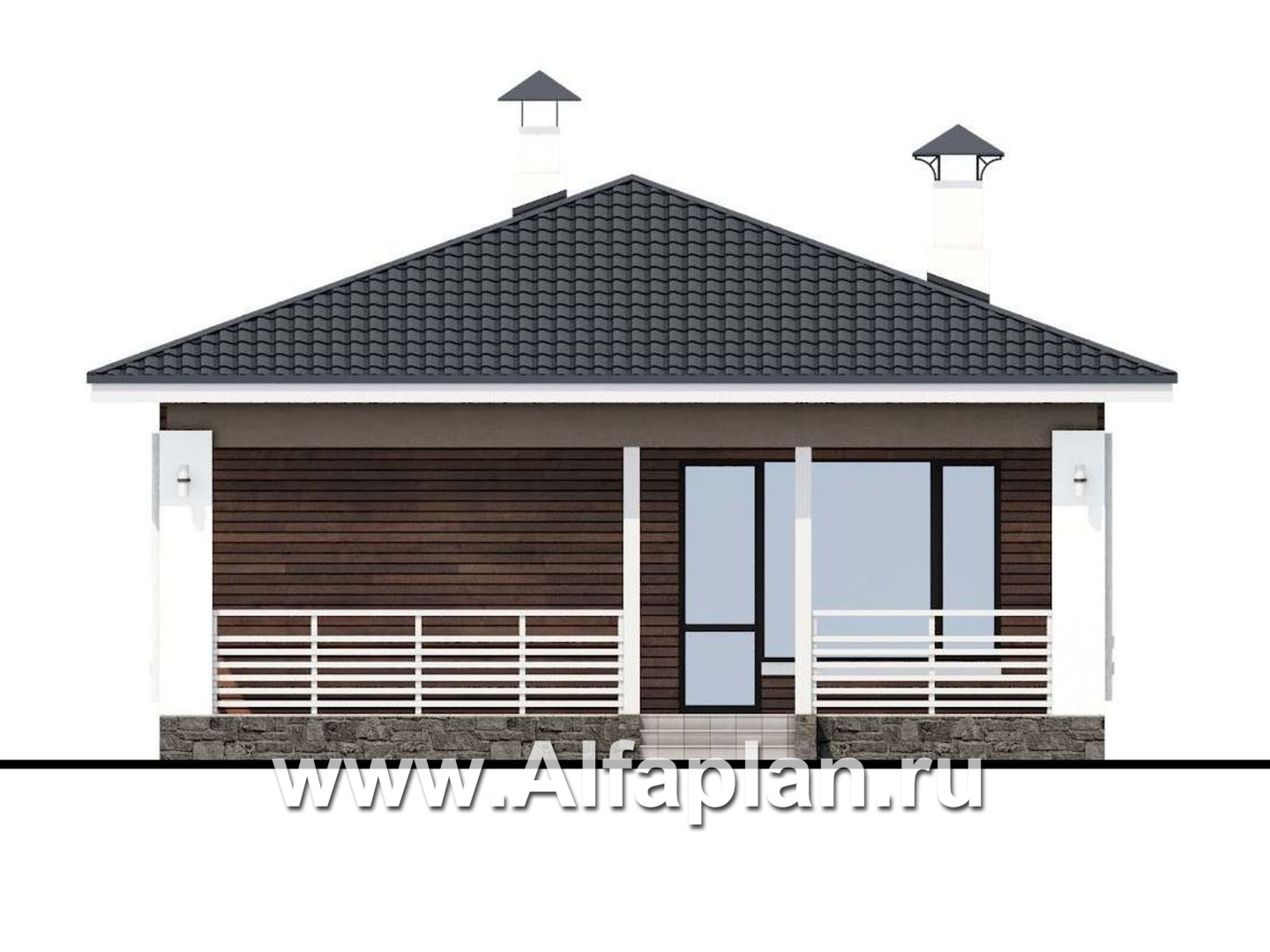Проекты домов Альфаплан - «Каллиопа» - проект одноэтажного дома из кирпича для узкого участка с двумя спальнями - изображение фасада №4
