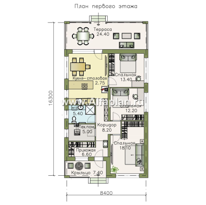 Проекты домов Альфаплан - «Каллиопа» - проект одноэтажного дома из кирпича для узкого участка с двумя спальнями - превью плана проекта №1