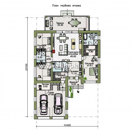 Проекты домов Альфаплан - «Зодиак» - одноэтажный коттедж с большим гаражом - превью плана проекта №1