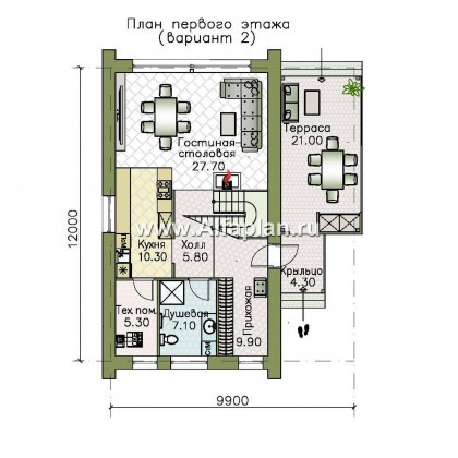 «Барн» - проект дома с мансардой, современный стиль барнхаус, с сауной, с террасой к дому - превью план дома