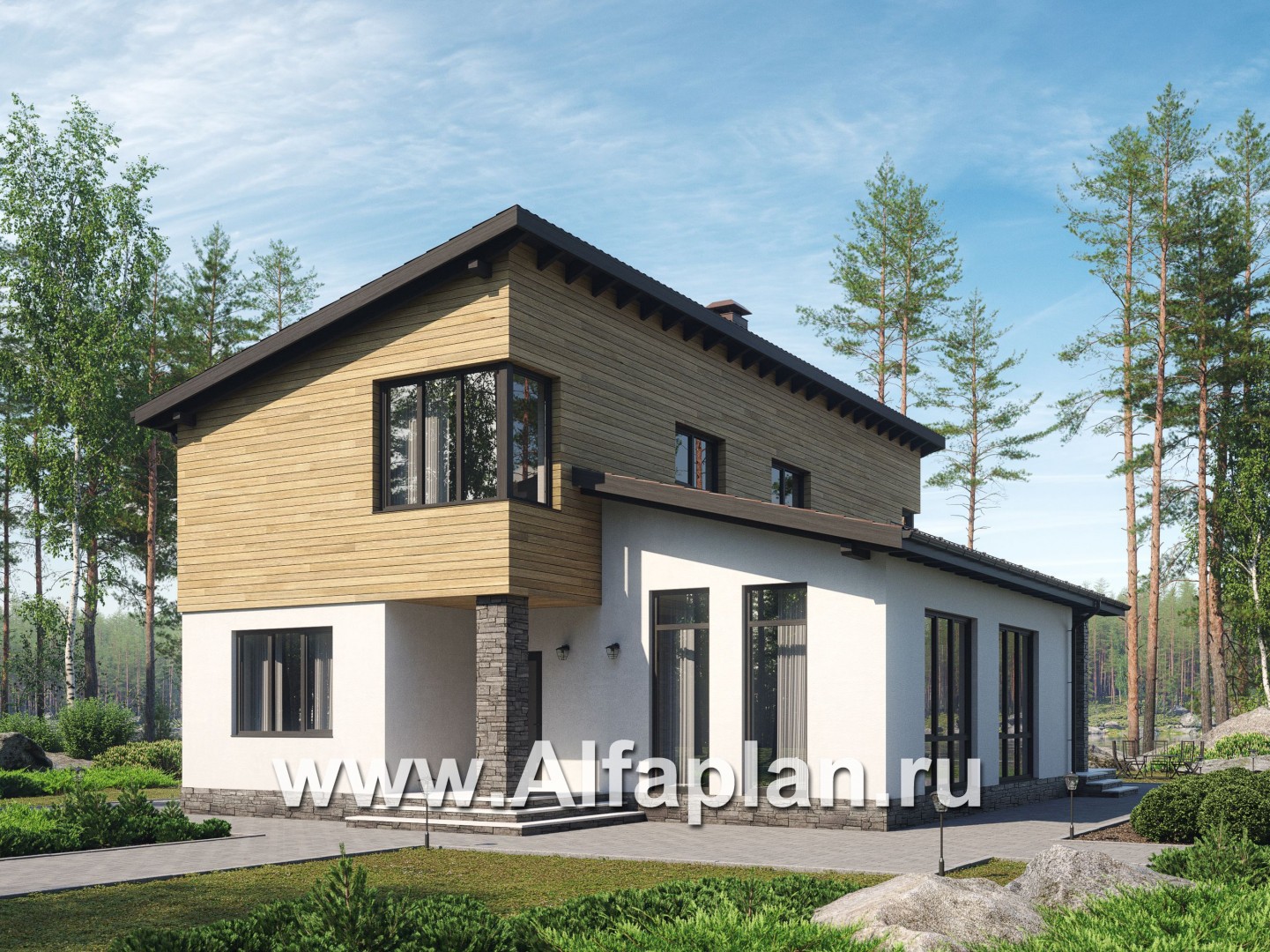 Проект современного загородного дома, планировка с высокой гостиной, две спальни на 1 эт - основное изображение