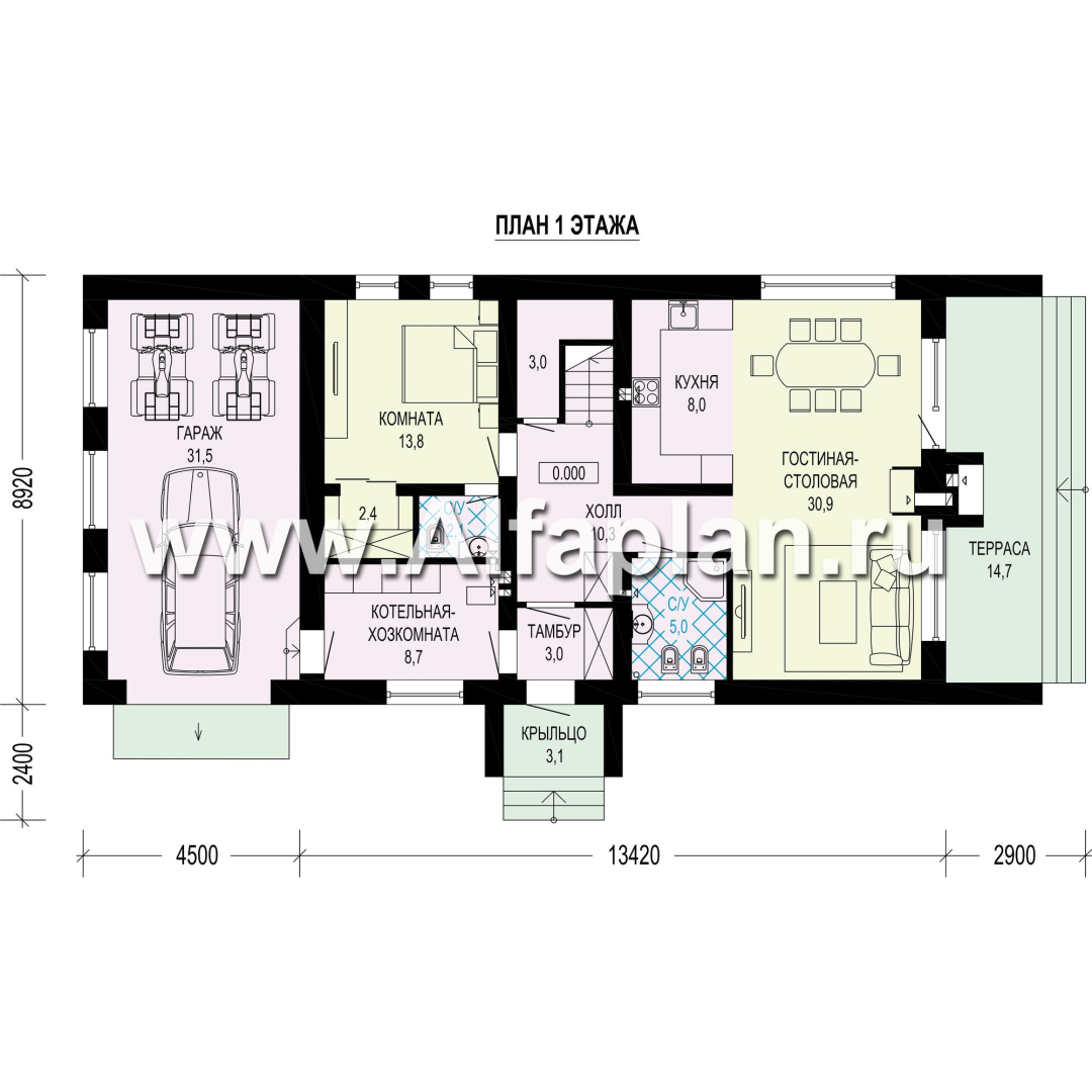 Проект дома с мансардой, планировка с террасой и с гаражом, 5 спален, в стиле барнхаус - план дома