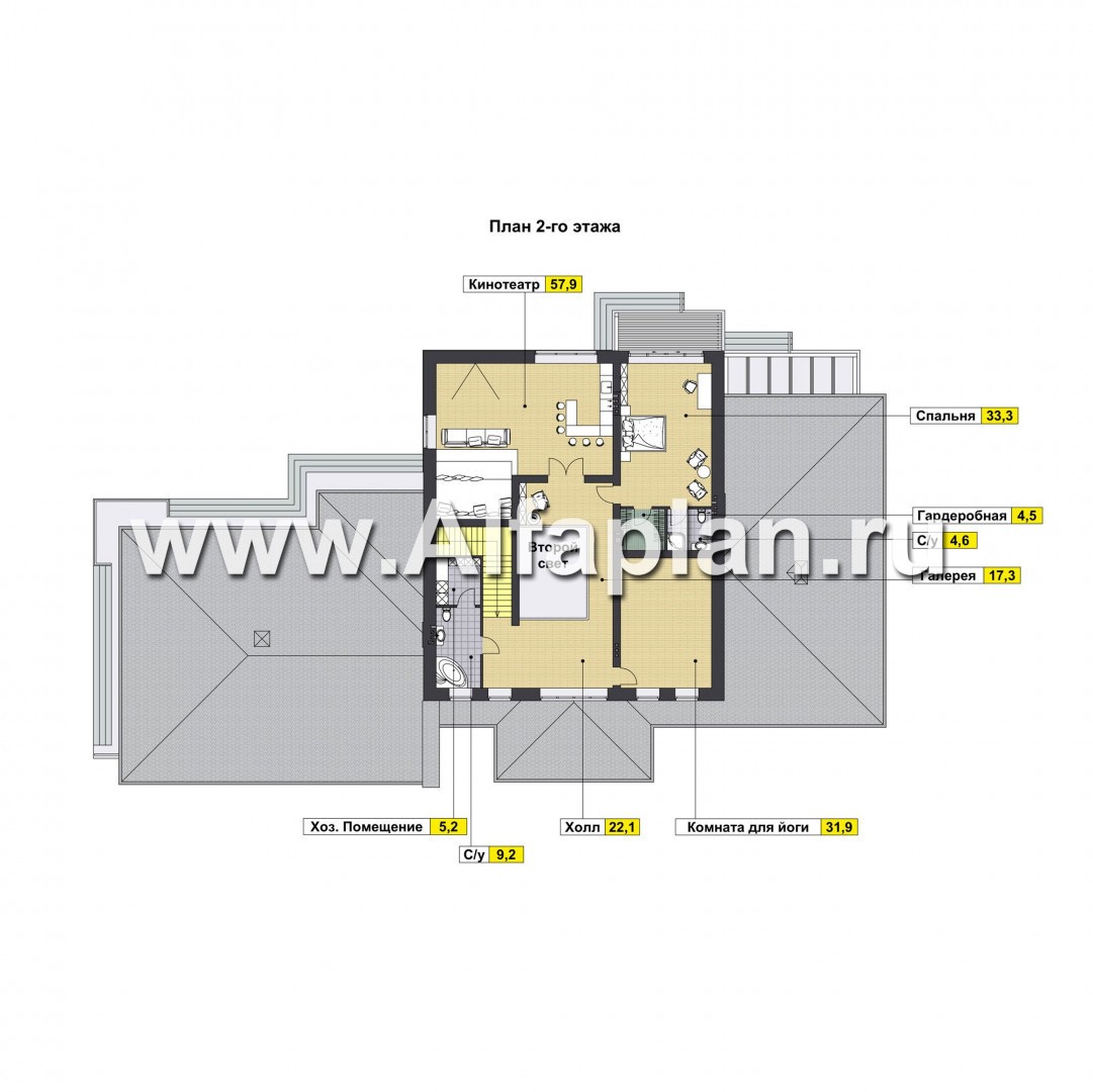 Проект двухэтажного дома, мастер спальня, с сауной, с террасой и с гаражом, в современном стиле - план дома
