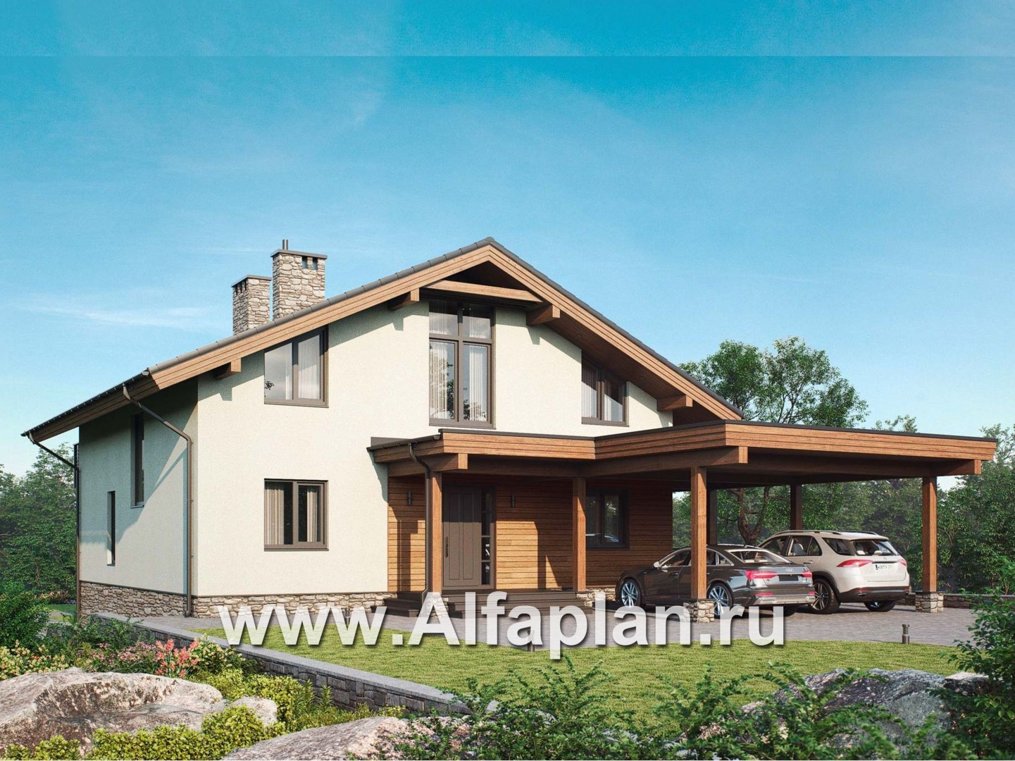 Проект дома с мансардой, планировка со вторым светом гостиной и с террасой, навес на 2 авто - основное изображение