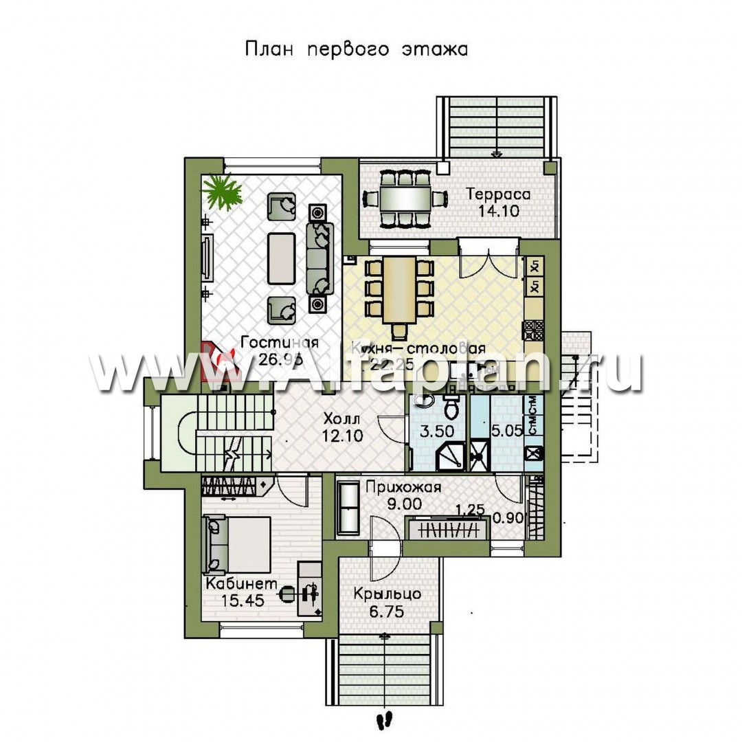 «Престиж» - проект двухэтажного дома, в стиле хай-тек, с террасой и с плоской кровлей, с цокольным этажом - план дома