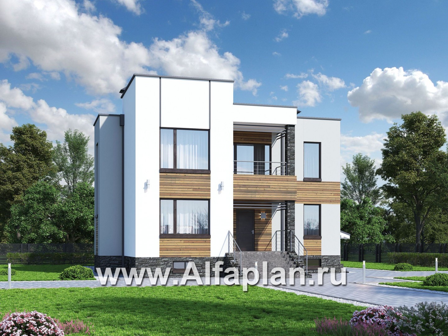 «Престиж» - проект двухэтажного дома, в стиле хай-тек, с террасой и с плоской кровлей, с цокольным этажом - основное изображение