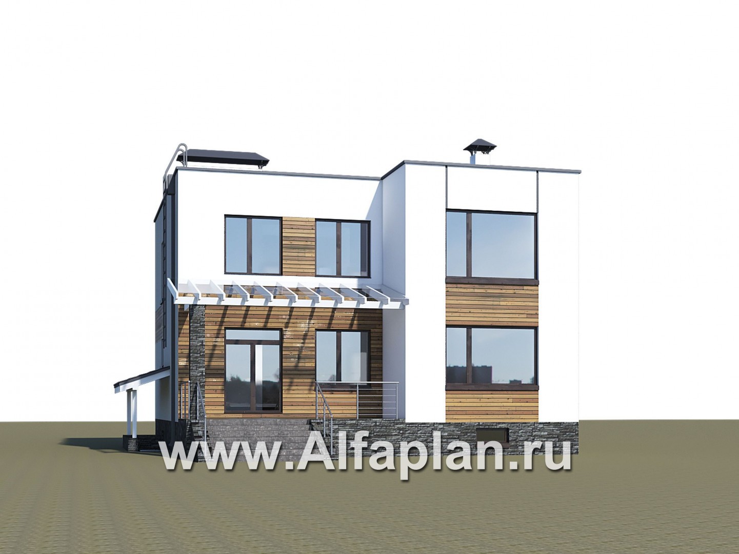 «Престиж» - проект двухэтажного дома, в стиле хай-тек, с террасой и с плоской кровлей, с цокольным этажом - дизайн дома №2