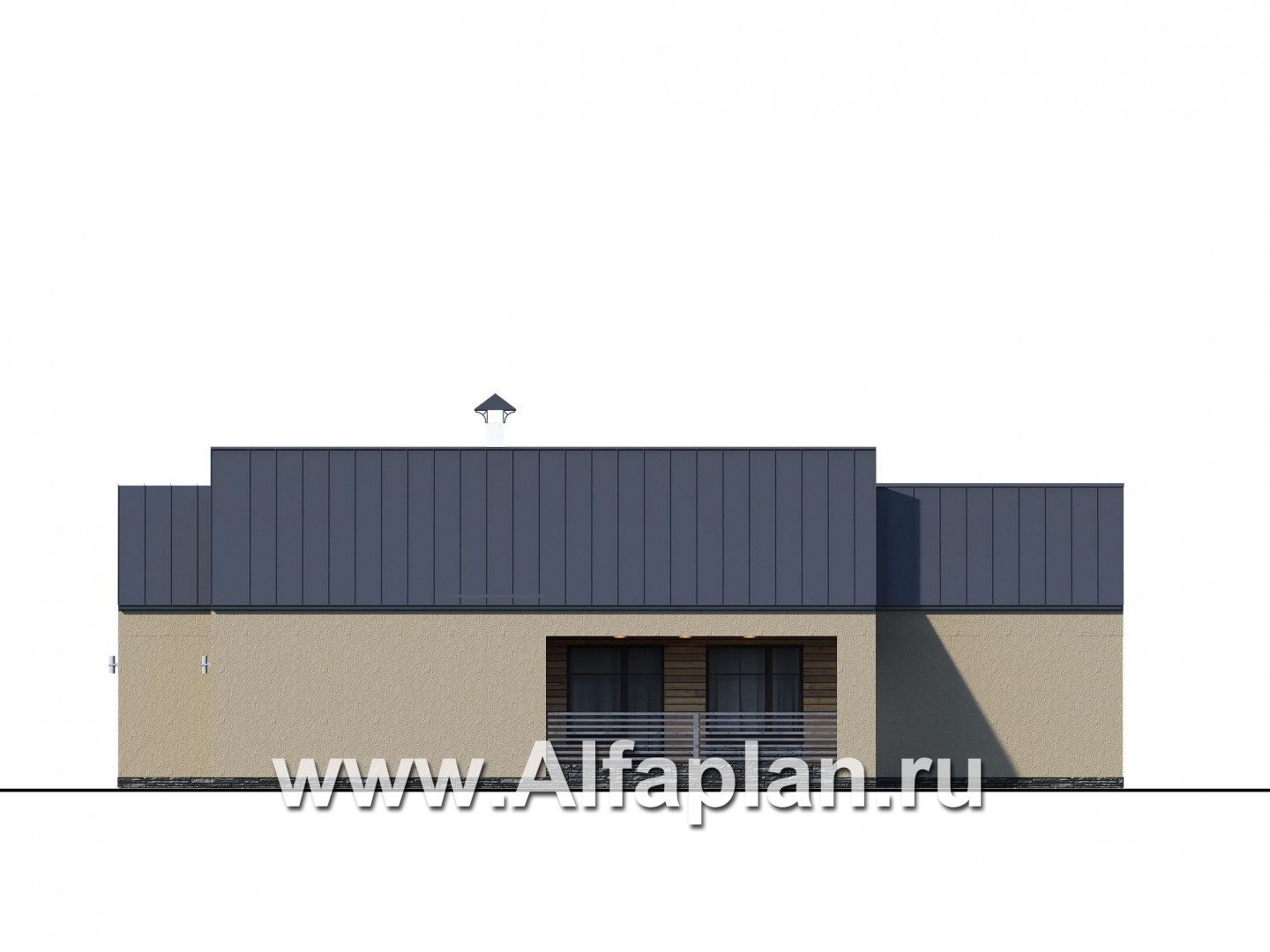 «Аркада» - проект одноэтажного дома, современный стиль, барнхаус, с террасой, сауной и с гаражом - фасад дома