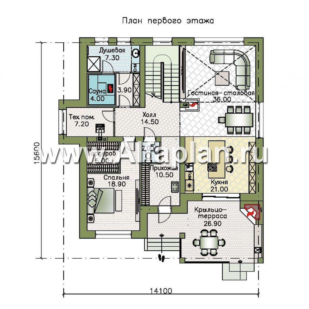 «Сафо» - проект двухэтажного дома, из кирпича, второй свет гостиной, с сауной и с террасой - план дома