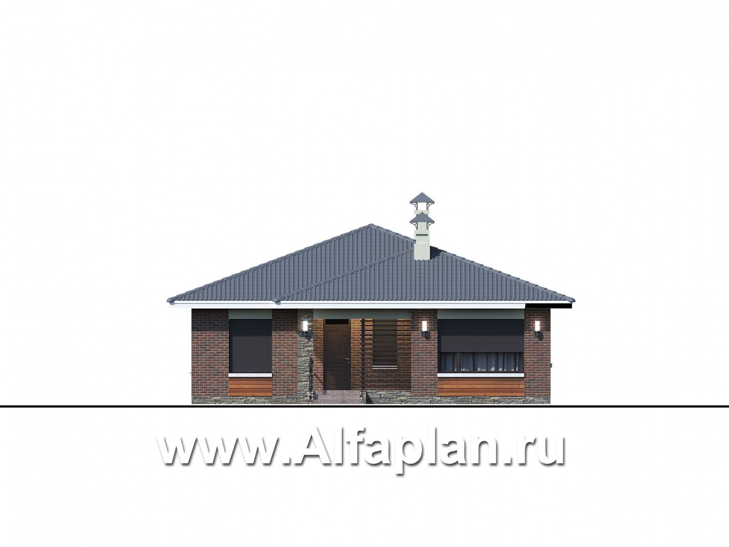 Проекты домов Альфаплан - «Онега» - проект одноэтажного дома со скрытой установкой ролет на окнах - изображение фасада №1