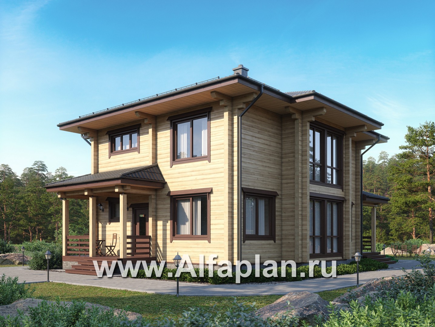 Проекты домов Альфаплан - Проект двухэтажного дома из клееного бруса - основное изображение