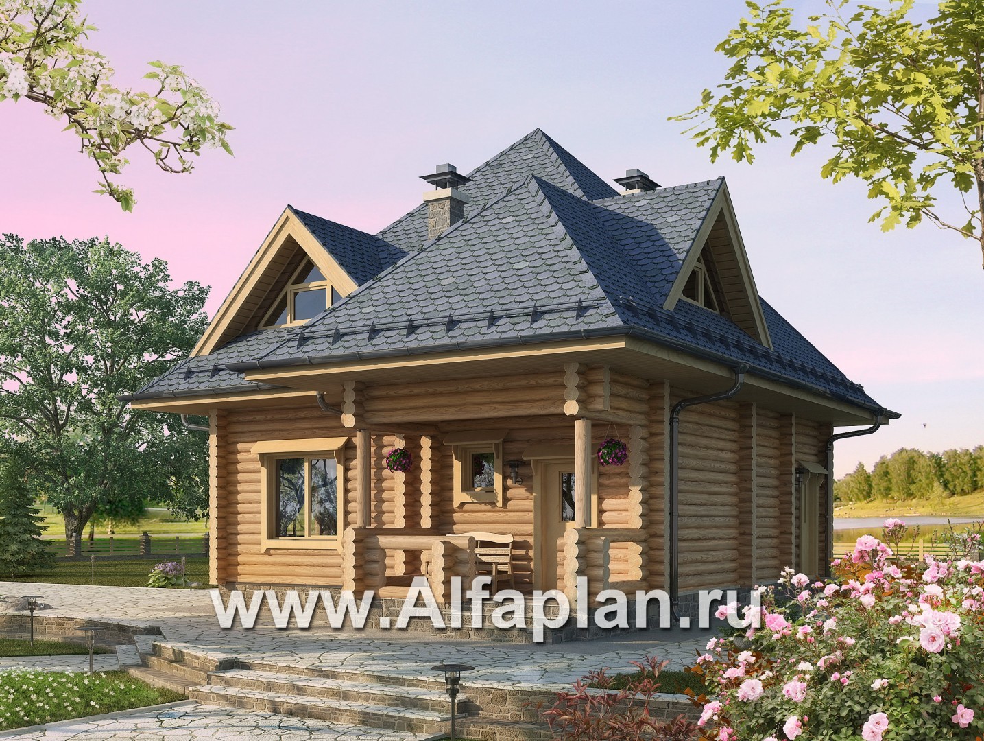 Проекты домов Альфаплан - Одноэтажный дом из бревен с мансардой - основное изображение