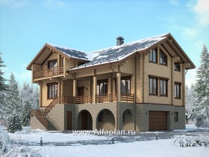 «Традиция» - проект дом с мансардой из бревен, с гаражом и сауной в каменном цоколе,  для участков с рельефом