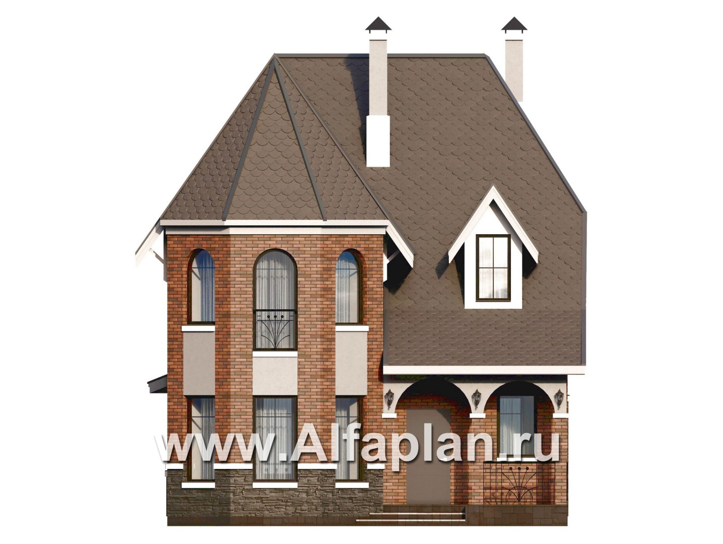 «Аврора» - проект двухэтажного дома из газобетона с эркером и с террасой - фасад дома