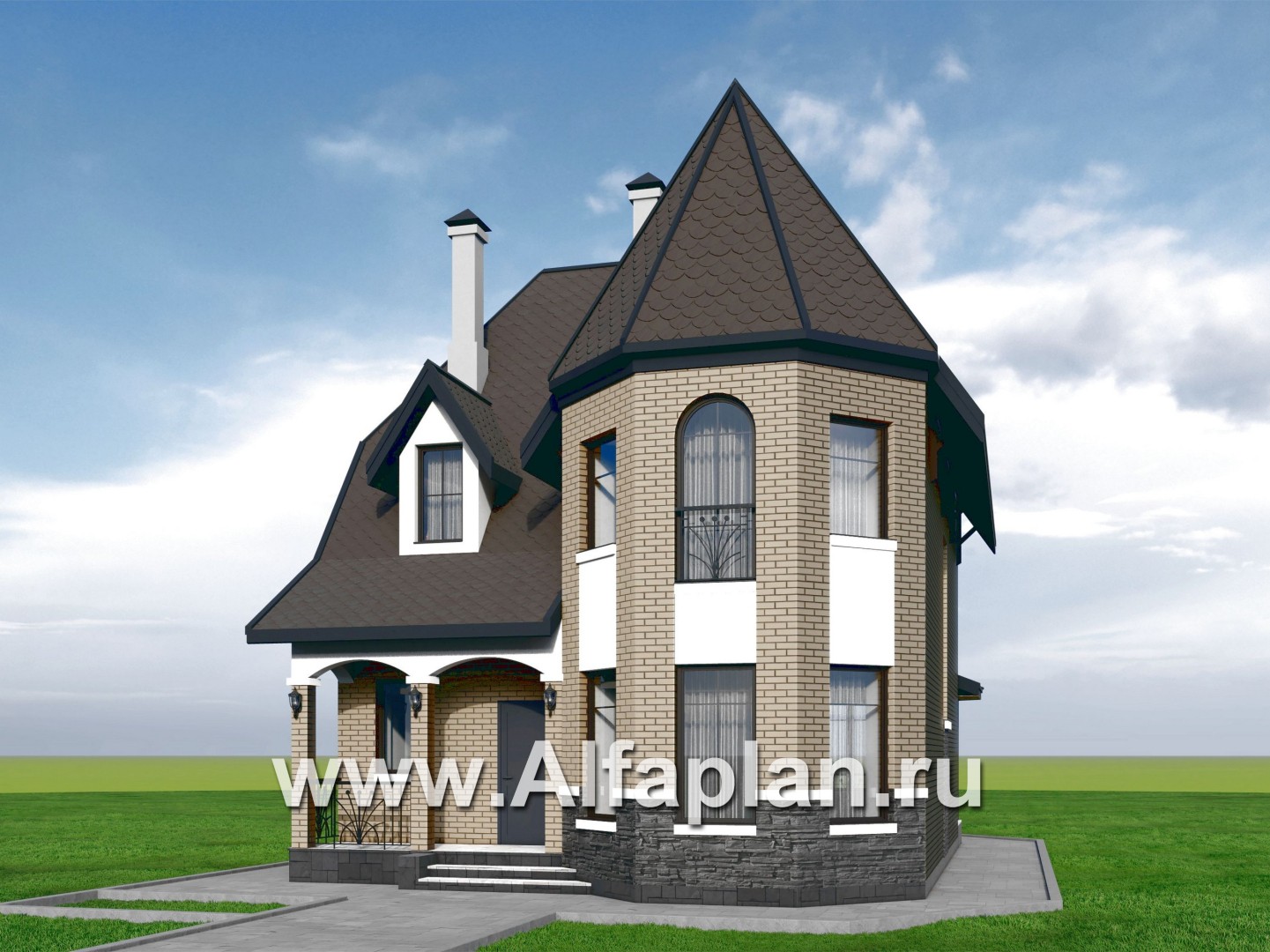 «Аврора» - проект двухэтажного дома из газобетона с эркером, с кабинетом и с террасой - дизайн дома №1