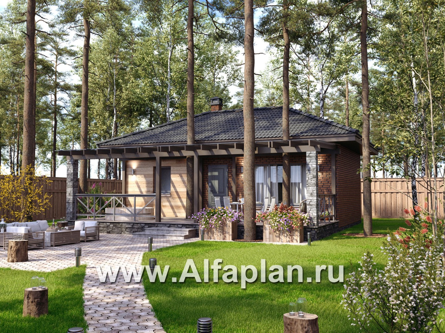 Проект бани, каркасный дом, с большой террасой - основное изображение