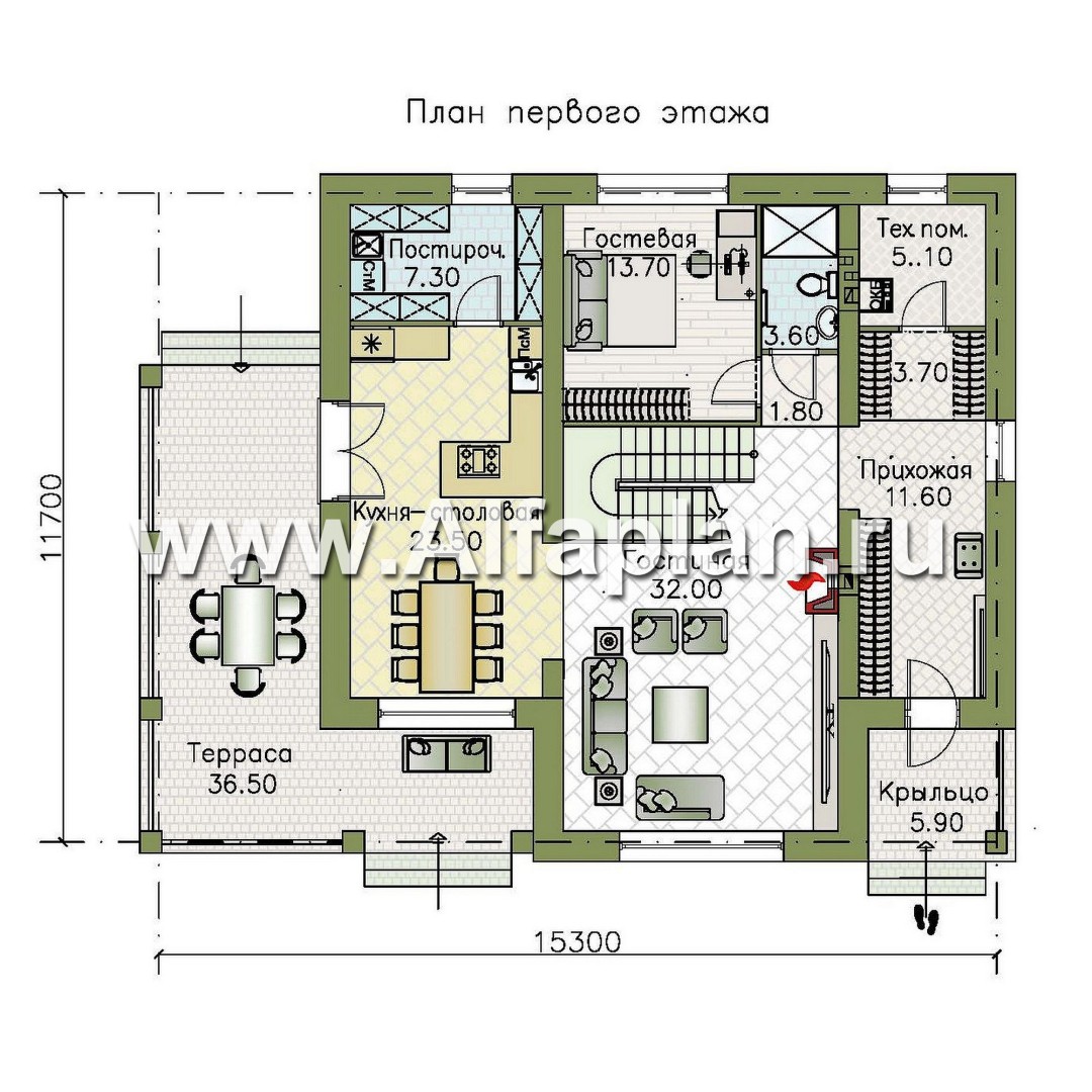 Проекты домов Альфаплан - Проект двухэтажного дома с лестницей в гостиной - изображение плана проекта №1