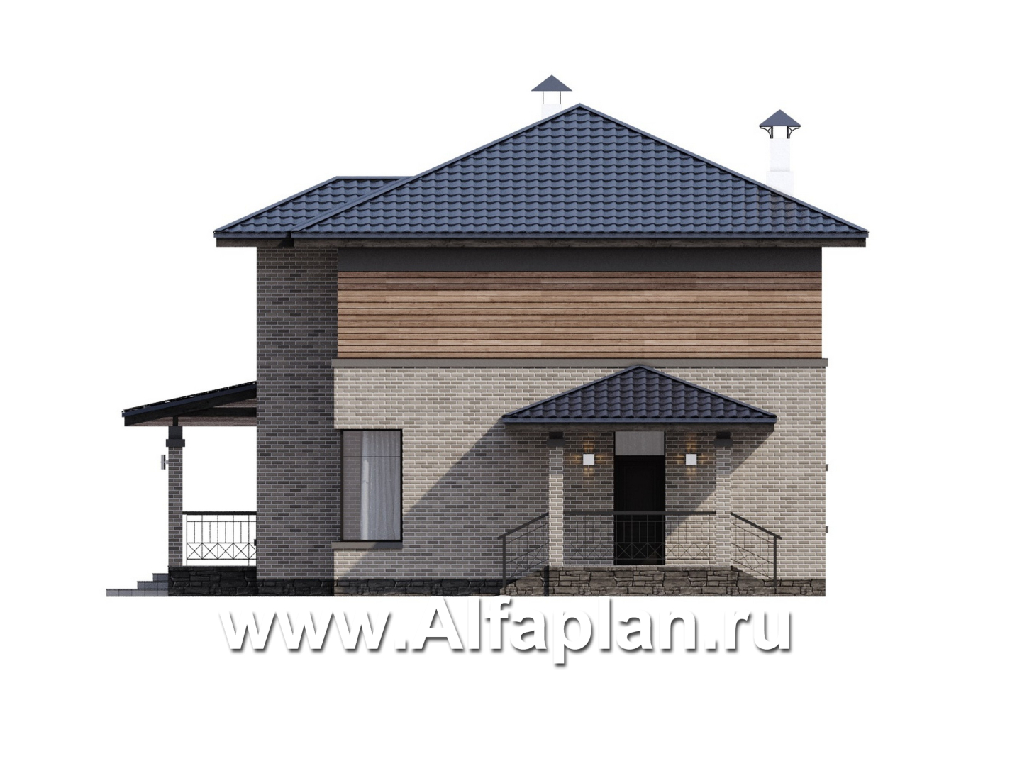 «Триггер роста» - проект двухэтажного дома из блоков, с террасой и вторым светом, в стиле Райта - фасад дома