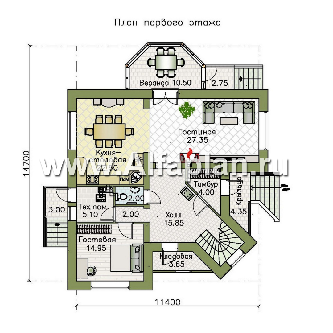 «Аскольд» - проект двухэтажного дома с террасой, планировка дома по диагонали, в стиле замка с башней, для углового участка - план дома