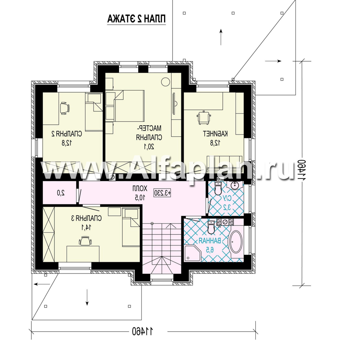 Проект двухэтажного дома, с кабинетом на 1 эт и с террасой, в современном стиле - план дома