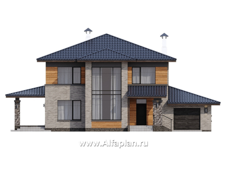 «Компас» - проект двухэтажного дома из газобетона, стеррасой и гаражом, в стиле Райта - превью фасада дома