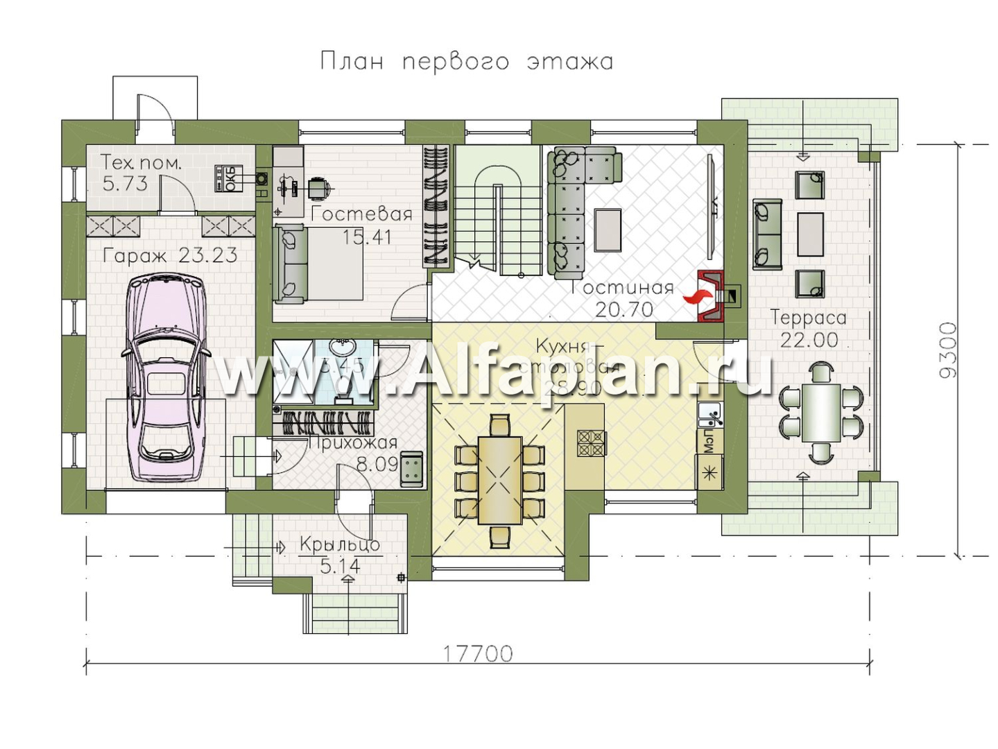 «Компас» - проект двухэтажного дома из газобетона, стеррасой и гаражом, в стиле Райта - план дома