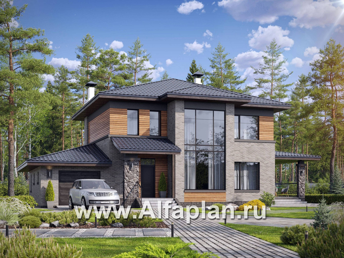 «Компас» - проект двухэтажного дома из газобетона, стеррасой и гаражом, в стиле Райта - основное изображение