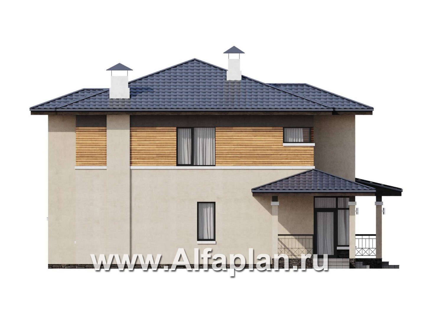 Проекты домов Альфаплан - "Монтана" - проект двухэтажного дома из кирпичей в стиле прерий (Райта) - изображение фасада №3
