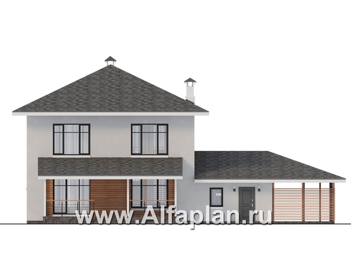 Проекты домов Альфаплан - "Вуокса" - современный двухэтажный коттедж, штукатурные фасады, с гаражом - изображение фасада №4