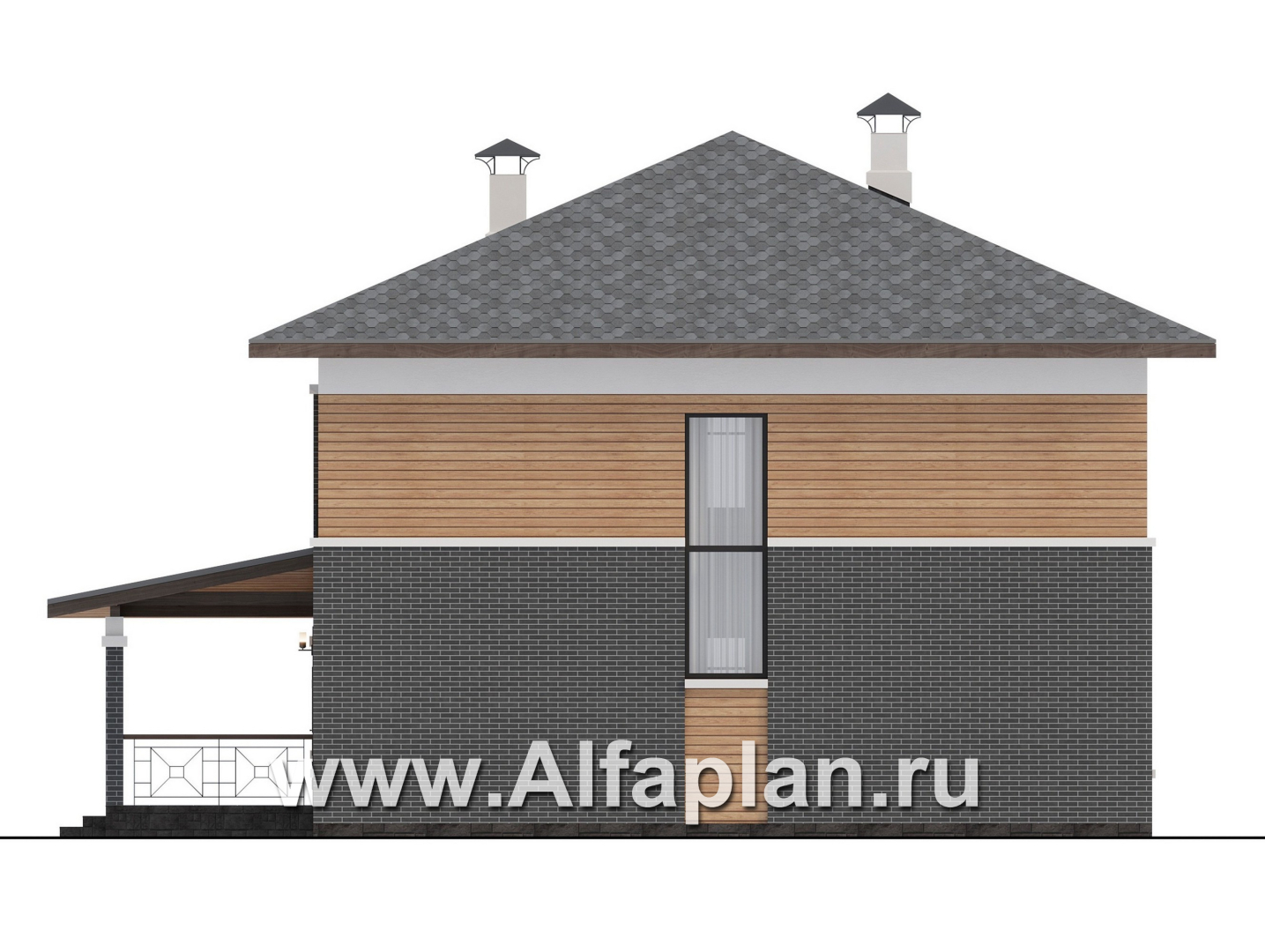 Проекты домов Альфаплан - "Отрадное" - дизайн дома в стиле Райта, с террасой на главном фасаде - изображение фасада №2