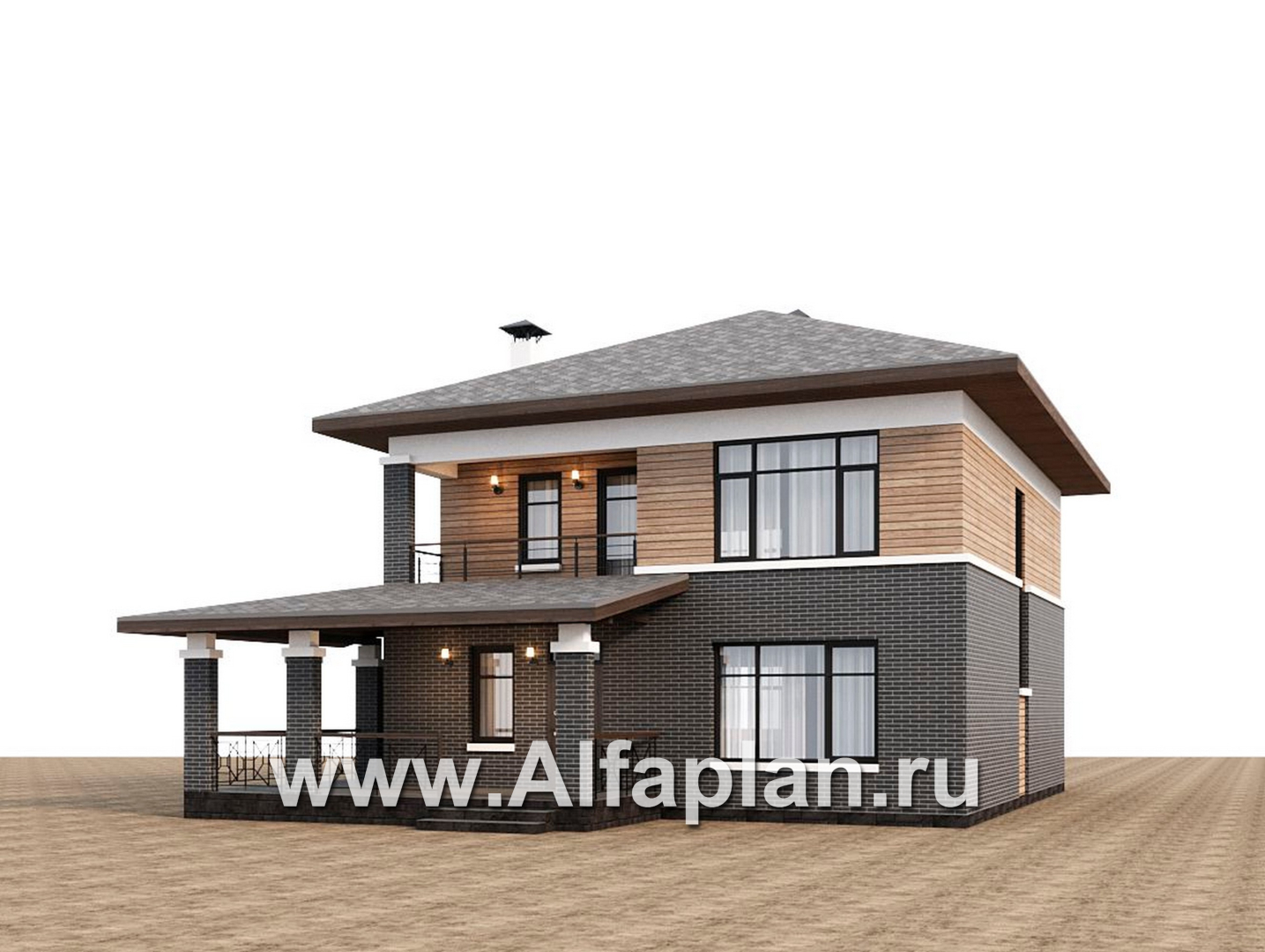 Проекты домов Альфаплан - "Отрадное" - дизайн дома в стиле Райта, с террасой на главном фасаде - дополнительное изображение №2