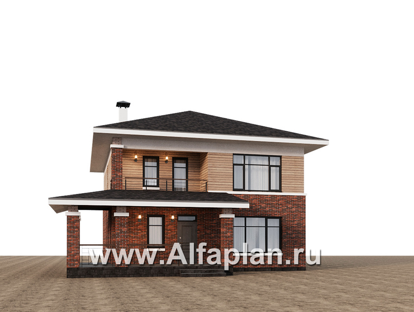 Проекты домов Альфаплан - "Отрадное" - дизайн дома в стиле Райта, с террасой на главном фасаде - дополнительное изображение №5