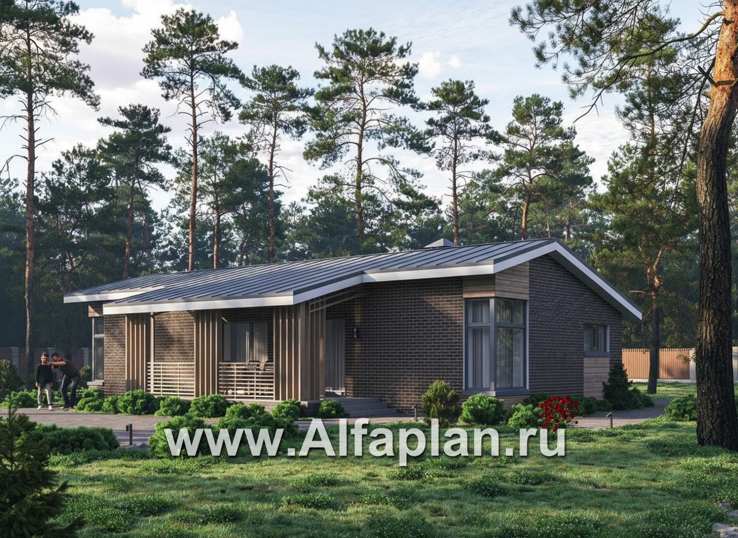 «Алладин» - проект одноэтажного дома, мастер спальня, с террасой и красивым потолком гостиной со стропилами - основное изображение