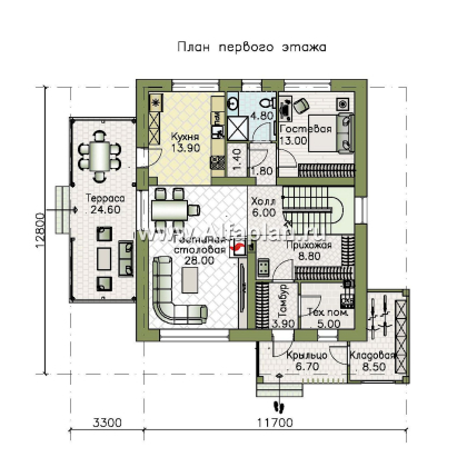 «Династия» - проект дома с мансардой, с террасой сбоку, мастер спальня - превью план дома