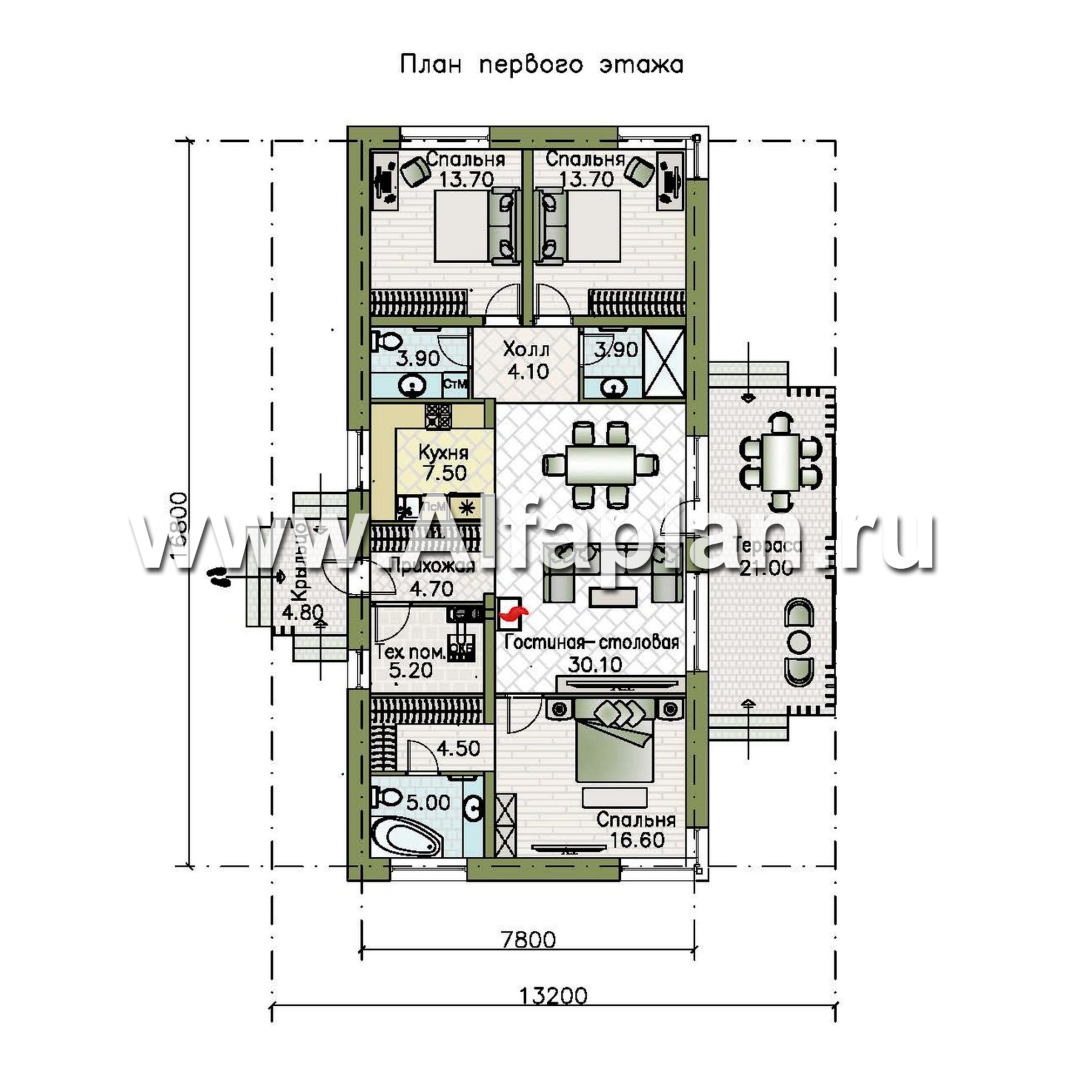 «Алладин» - проект одноэтажного дома, мастер спальня, с террасой и красивым потолком гостиной со стропилами - план дома