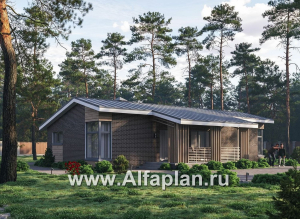 «Алладин» - проект одноэтажного дома, мастер спальня, с террасой и красивым потолком гостиной со стропилами