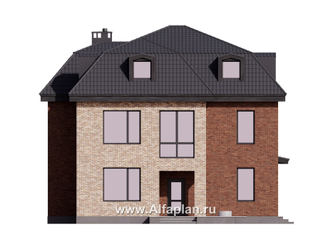 Проект двухэтажного дома, с мансардой, планировка с террасой и с биллиардной, в современном стиле - превью фасада дома