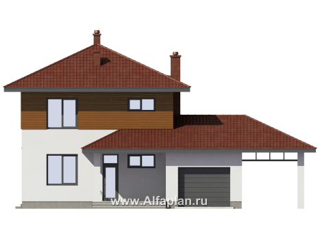 Проект загородного дома, c кабинетом на 1 эт и с террасой, гараж на 1 авто + навес на 2 авто - превью фасада дома