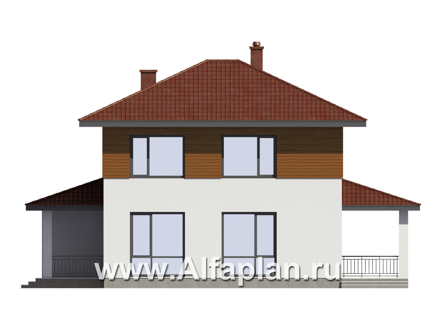 Проект загородного дома, c кабинетом на 1 эт и с террасой, гараж на 1 авто + навес на 2 авто - фасад дома