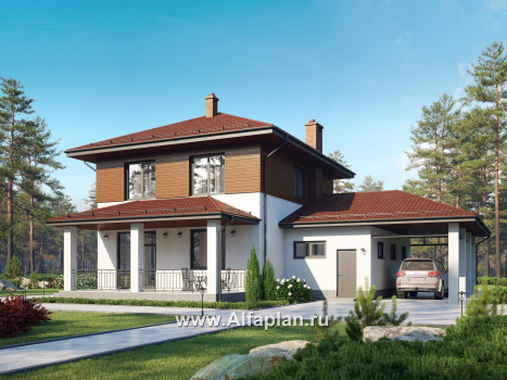 Проект загородного дома, c кабинетом на 1 эт и с террасой, гараж на 1 авто + навес на 2 авто - превью дополнительного изображения №1