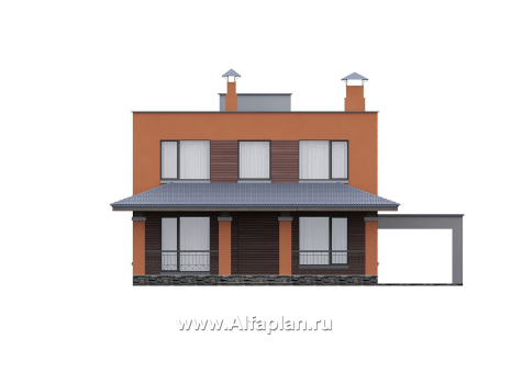 «Невада» - проект двухэтажного дома из газобетона, с террасой, навес на 2 авто, с плоской крышей в стиле минимализм - превью фасада дома